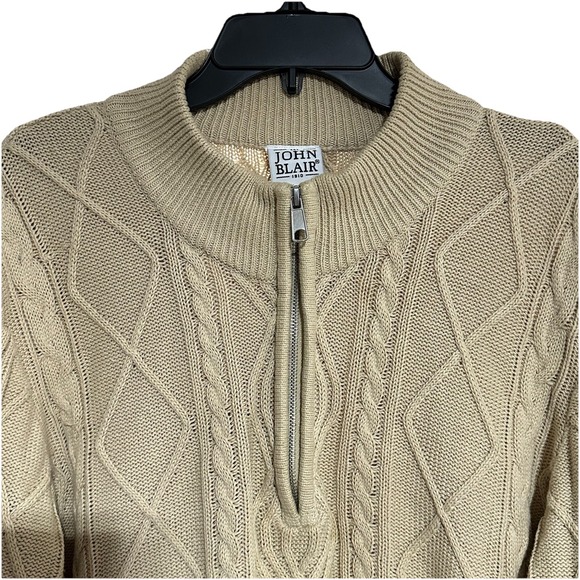VINTAGE John Blair Cable Knit 3/4 Zip Mens L‎ Tall Ivory Sweater 90 Pockets - Picture 1 of 8
